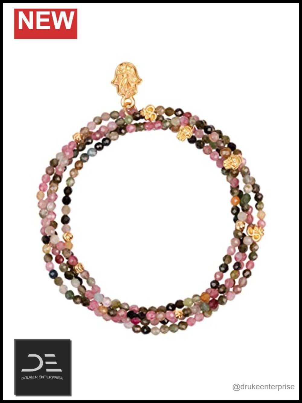 Genuine Tourmaline 925 Sterling Silver 18K Gold Plated Wrap Bracelet Hamsa Om